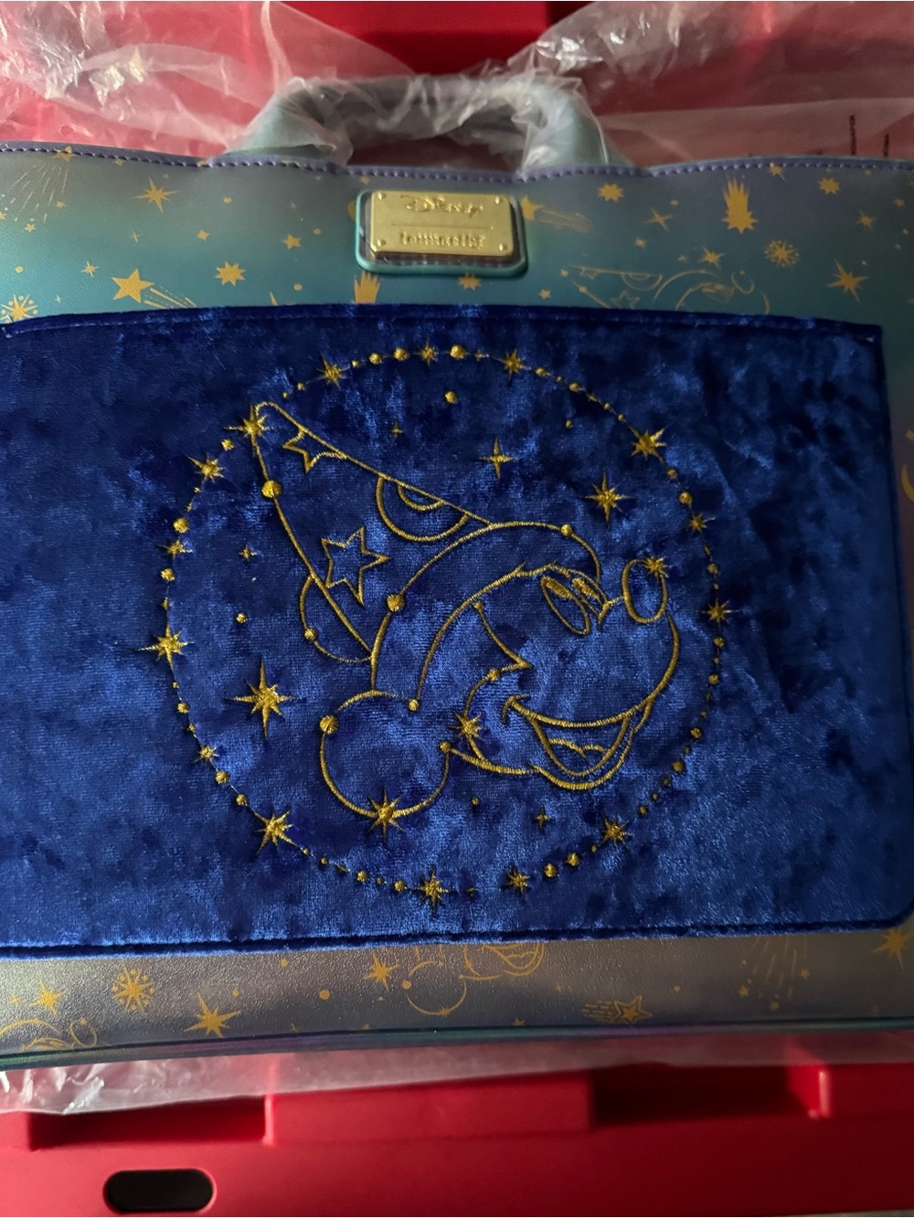 Loungefly Blue Velvet Sorcerer Mickey Tote with Gold Embroidery